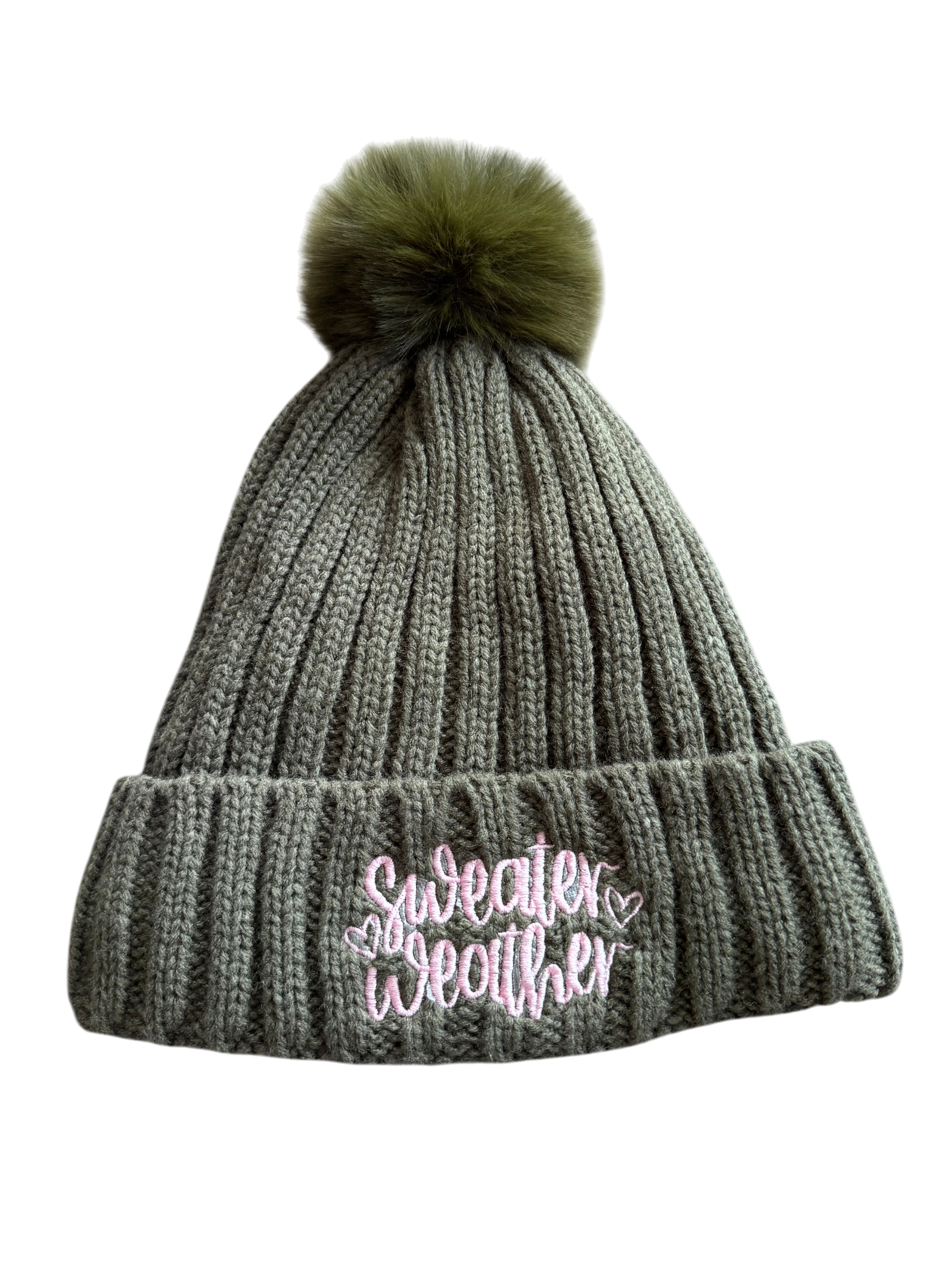 Mütze Olivgrün mit Aufschrift "Sweater Weather" in Rosa