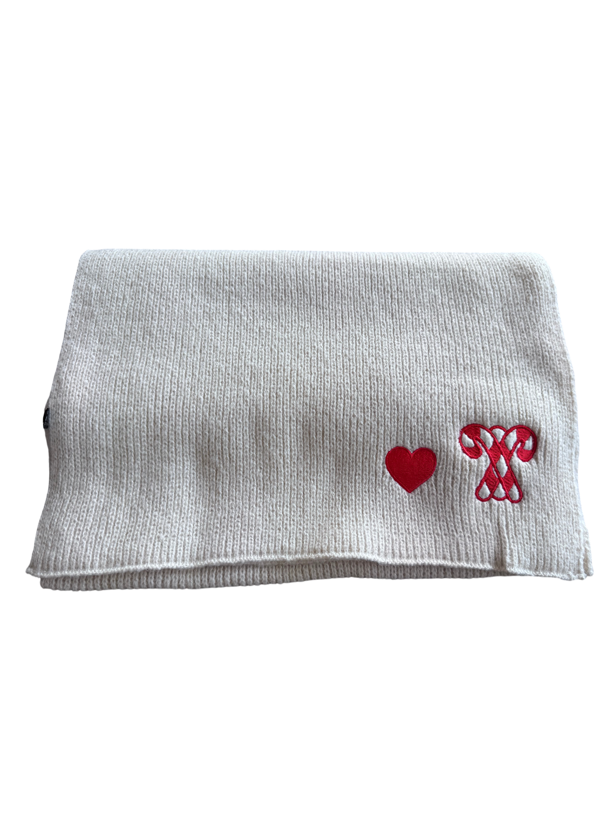 Schal Beige mit Herz und Zuckerstange in Rot